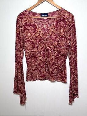 Vintage Y2K Paisley Mesh Top Size XL Maroon Bell Sleeves Forenza